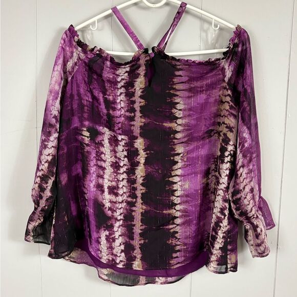 INC International Concepts Cold Shoulder Ruffle Halter Neck Purple Black Shirt - Picture 3 of 10